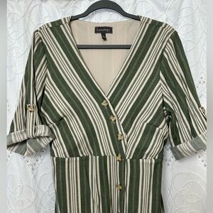 Green and White Striped Long Sleeve Dress
